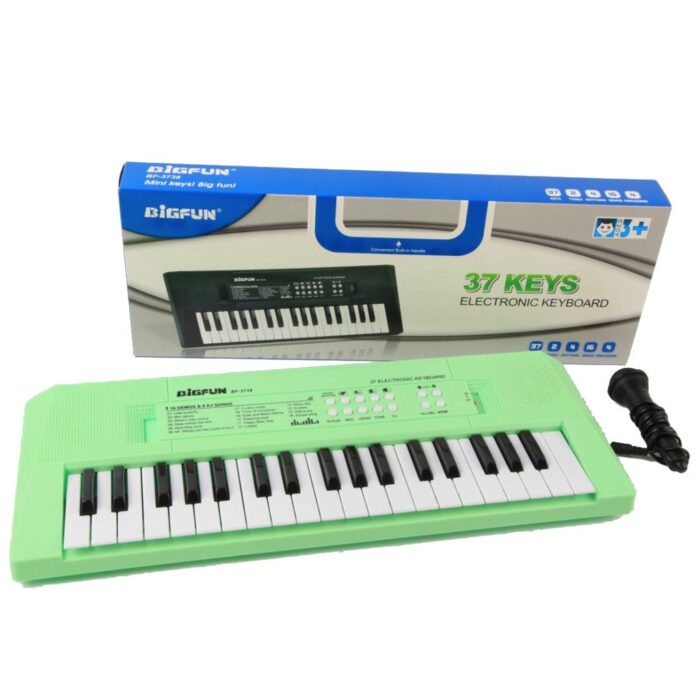 stage for kids A digital 37 Keys Electronic Keyboard with a microphone.