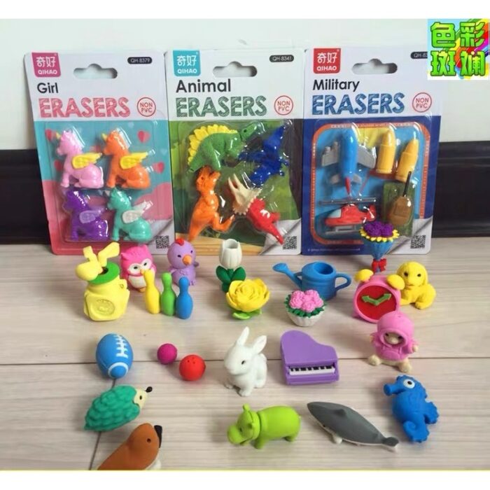 stage for kids A variety of 3D Cute Theme Children Eraser Stationery Sets perfect for birthday goodie bags.